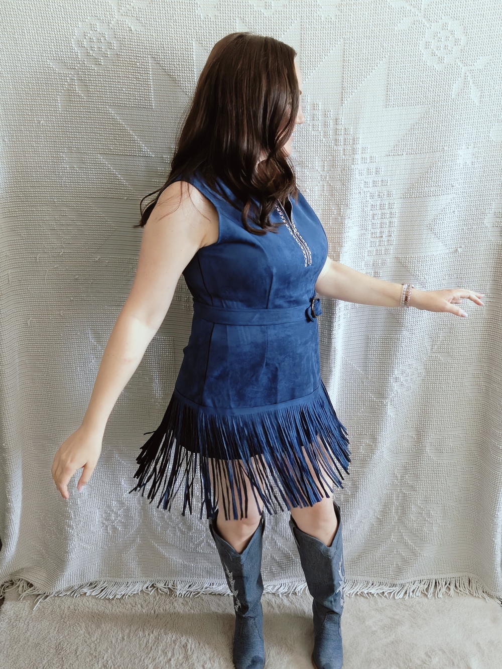 Blue Suede Fringe Mini Dress - Unbranded